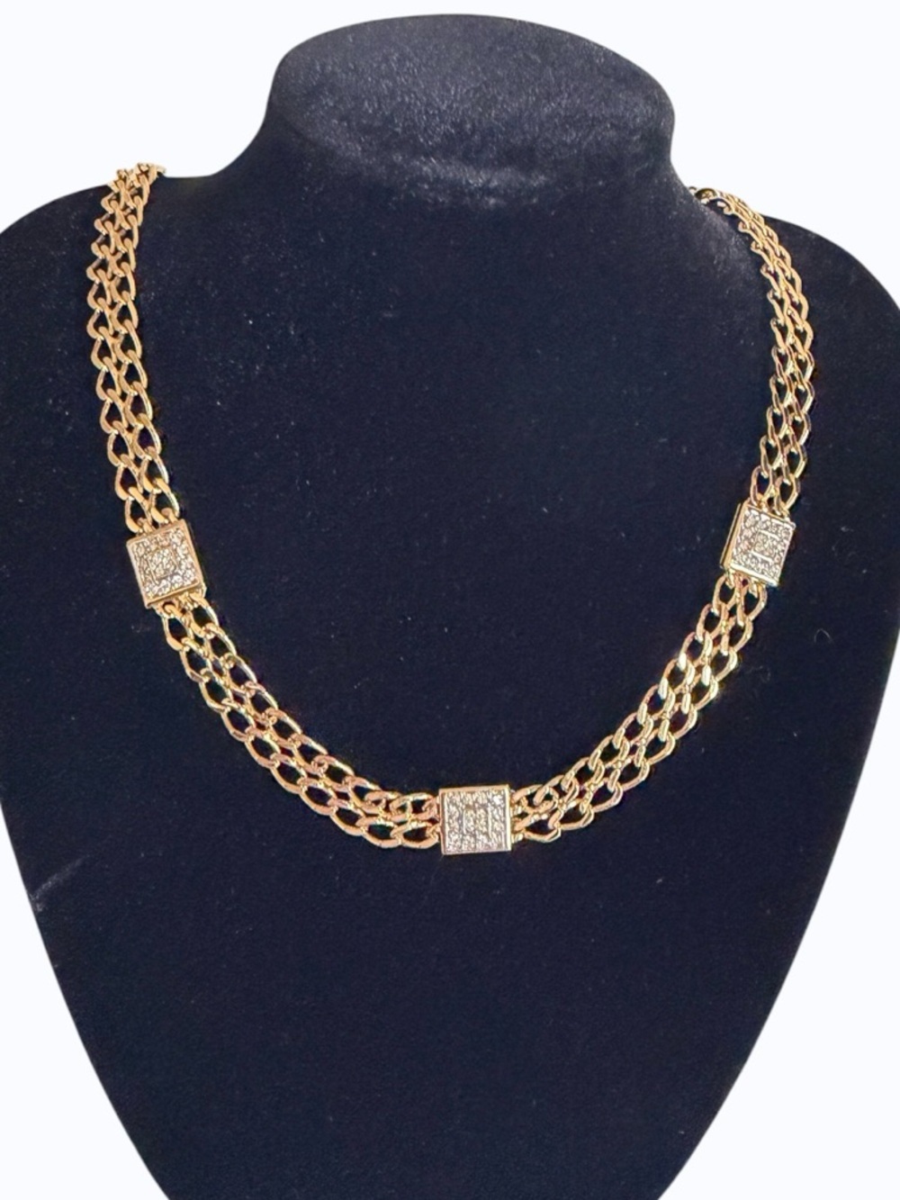 Nina Ricci Vintage Gold Plated Rhinestone Double Link Choker Necklace Stunning!